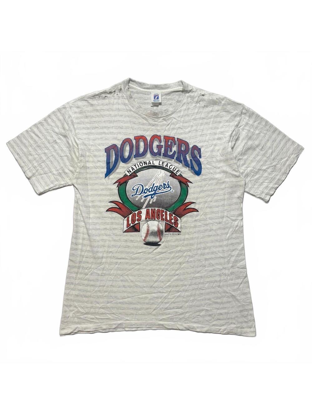 VTG 90's Los Angeles Dodgers MLB Striped Distressed Graphic T-Shirt Men's L Gray